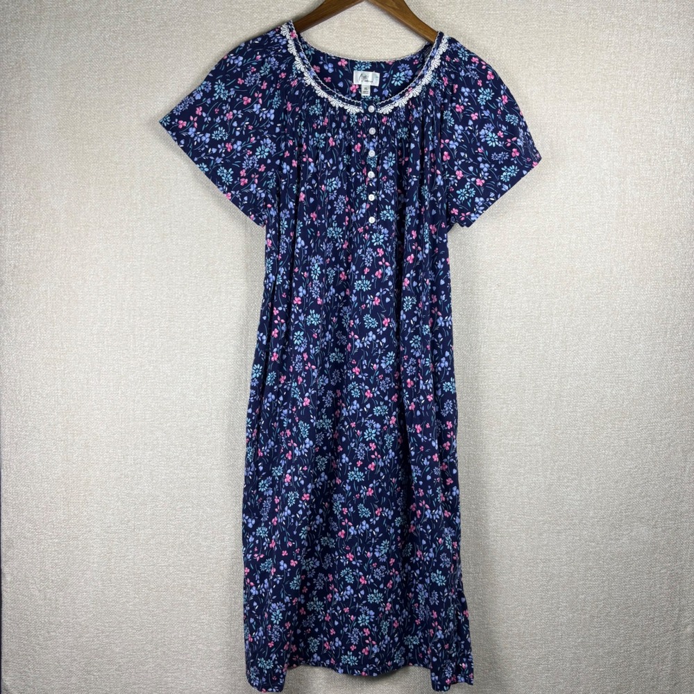 Aria Collection Navy Floral Cotton Nightgown XL Short Sleeve Lace Trim Pockets